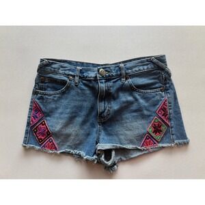 Free People Embroidered Denim CutOff Shorts Blue Medium Wash Boho Womens Size 28